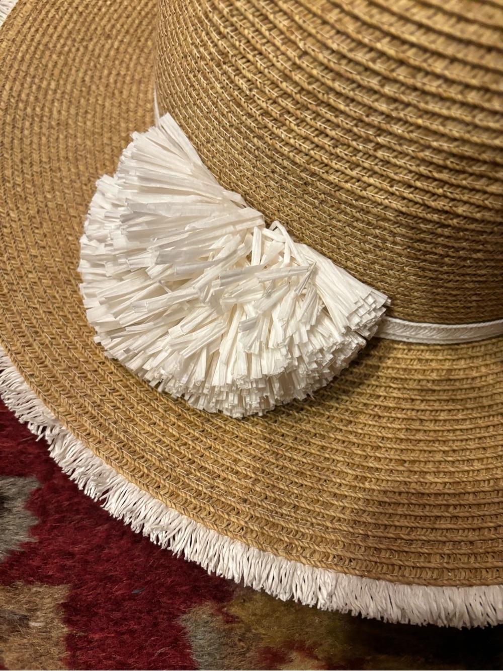 Straw Wide Brim Sun Hat with White Pom Pom Trim - Picture 2 of 5